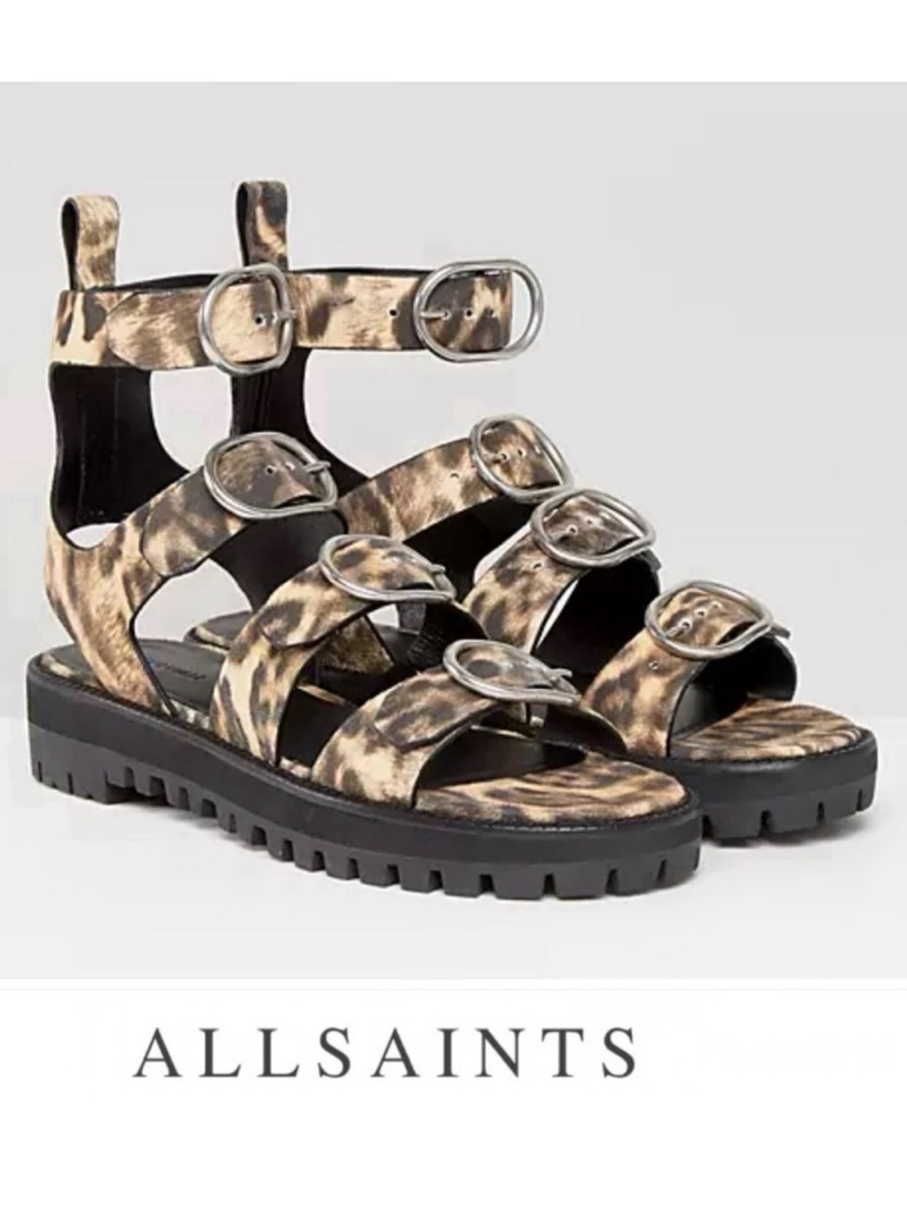 ALLSAINTS Raquel Gladiator Leopard Print Leather Strap Buckle Open Sandal Sz 40